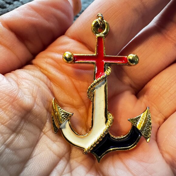 Vintage Enamel Anchor Brooch Gold Tone Red White Black Nautical Pin - Picture 1 of 3